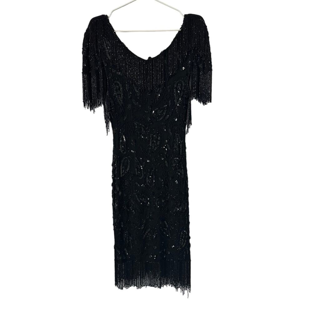 Vintage Tan Chho Black Beaded Flapper Dress size Small - FLAWS